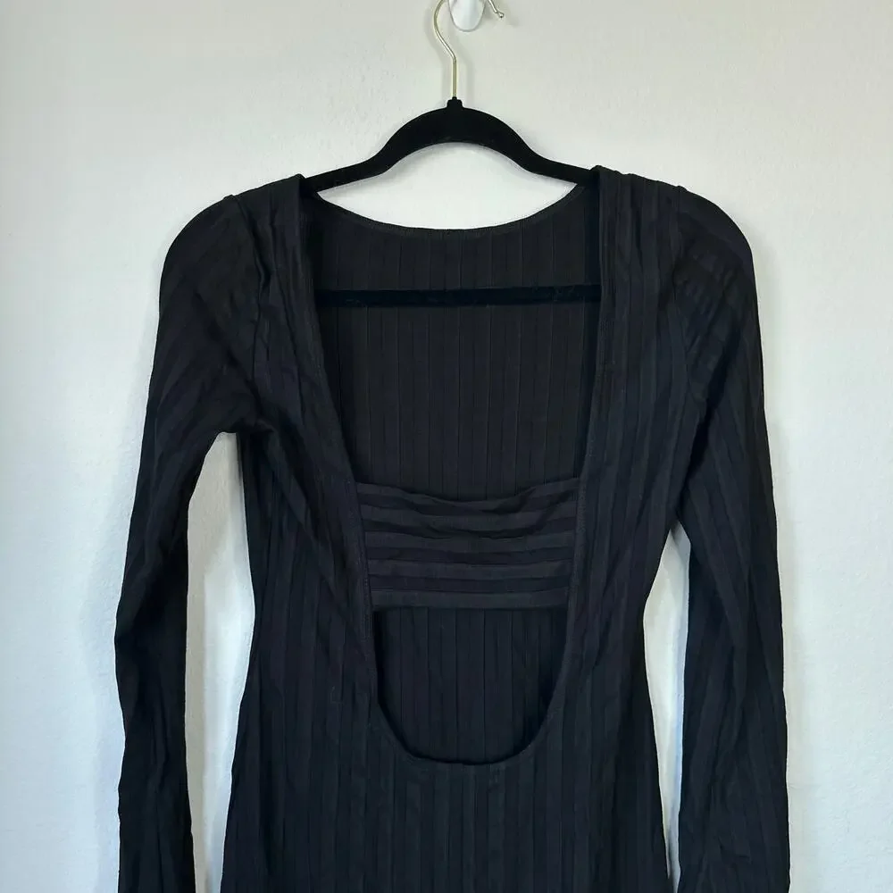 REFORMATION Cait Dress Open Back Long Sleeve Mini Black Size Extra Small Ribbed - Picture 6 of 9